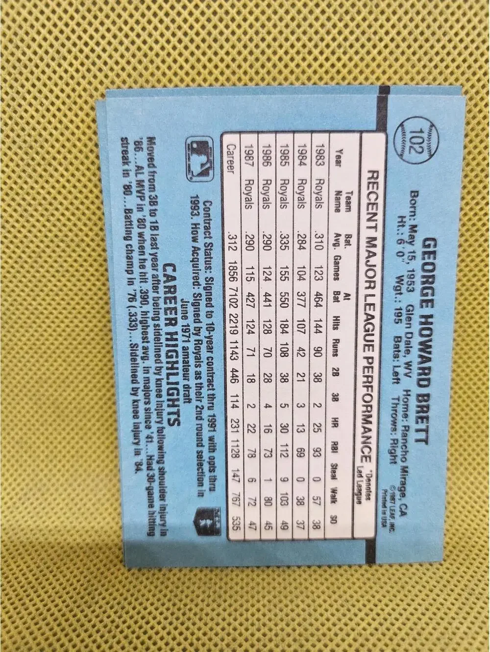 George Brett - HOF - 1988 Donruss #102 - Royals - RAW Mint